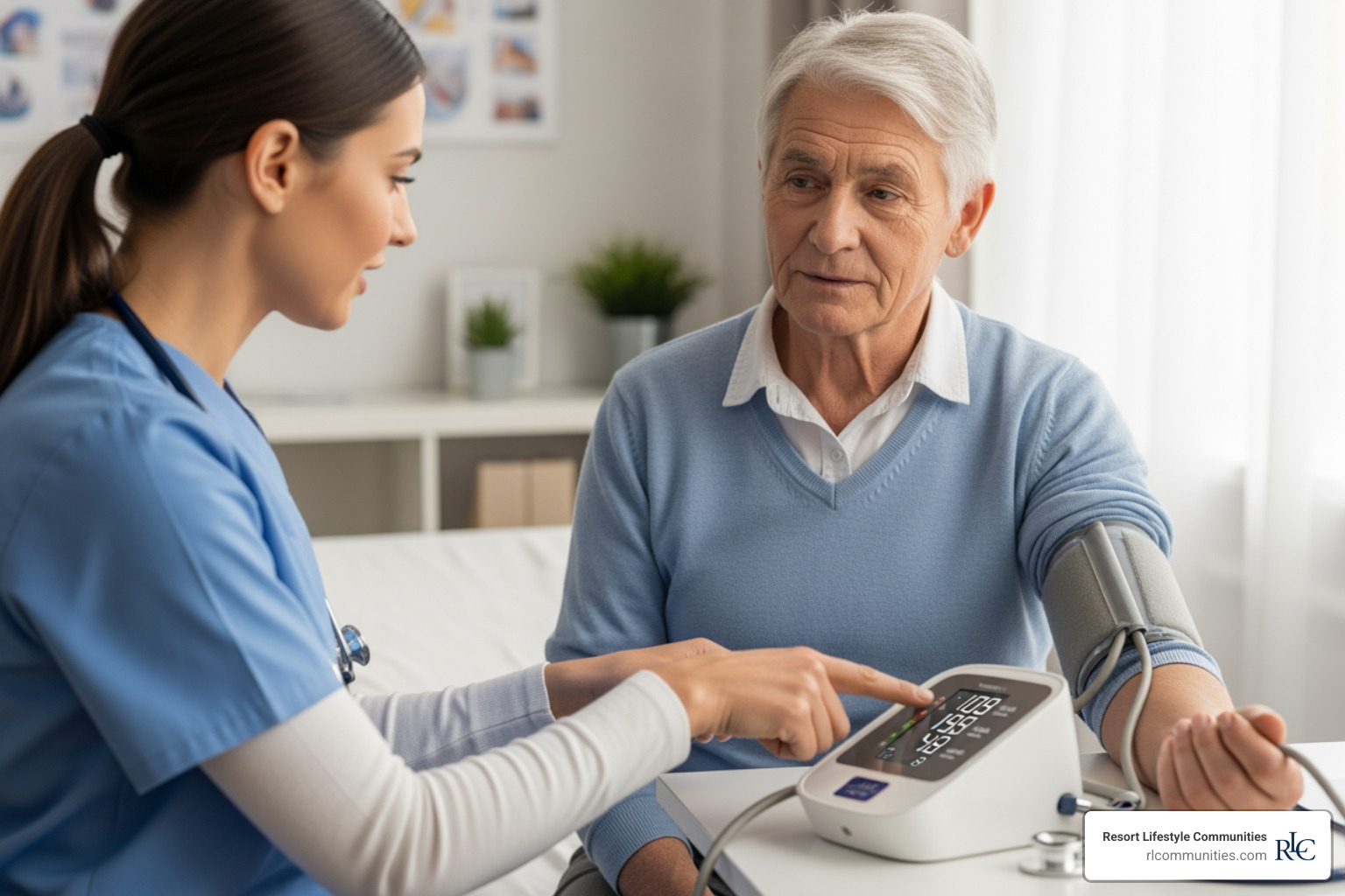 senior learning to use a blood pressure monitor with a health professional - healthy living for seniors program