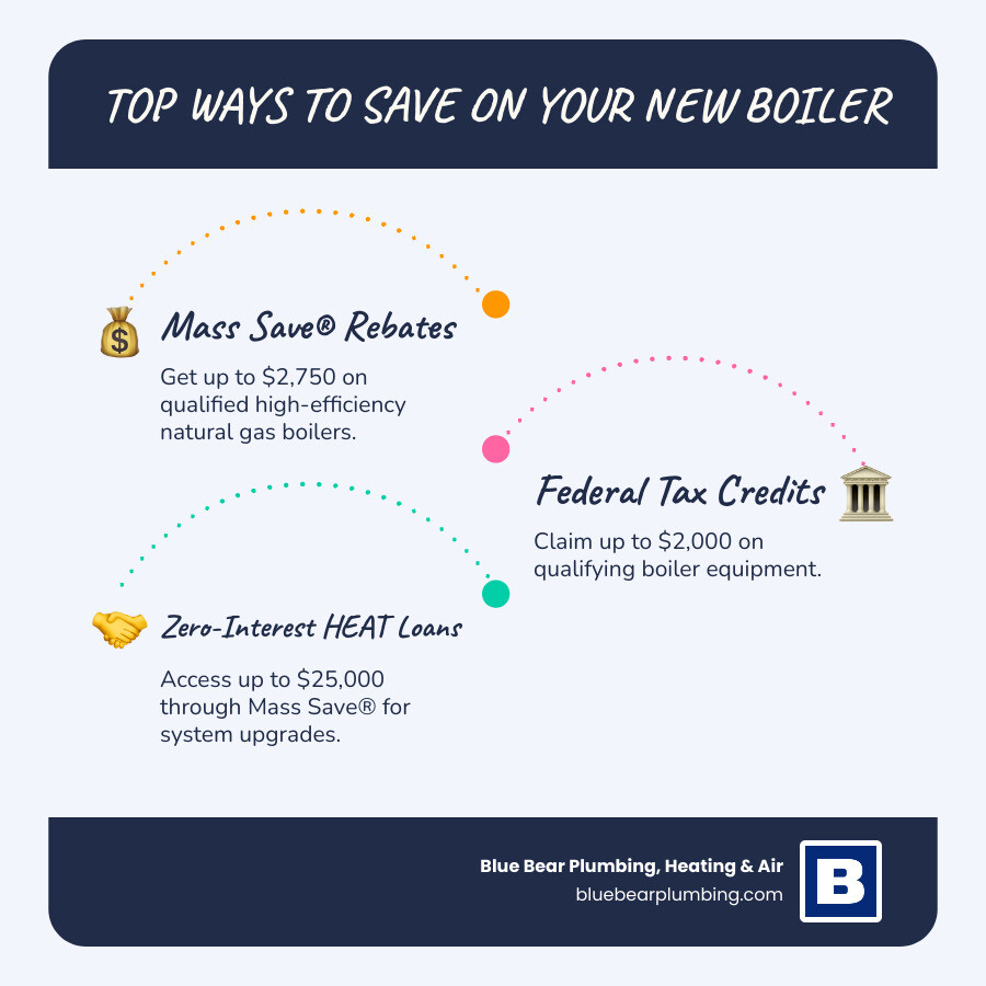 infographic showing three columns: Mass Save Rebates up to $2,750, Federal Tax Credits up to $2,000, and Zero-Interest HEAT Loans up to $25,000, with icons of money, a government building, and a handshake - boiler installation deals in norwell, ma infographic infographic-line-3-steps-blues-accent_colors infographic showing three columns: Mass Save Rebates up to $2,750, Federal Tax Credits up to $2,000, and Zero-Interest HEAT Loans up to $25,000, with icons of money, a government building, and a handshake - boiler installation deals in norwell, ma infographic infographic-line-3-steps-blues-accent_colors