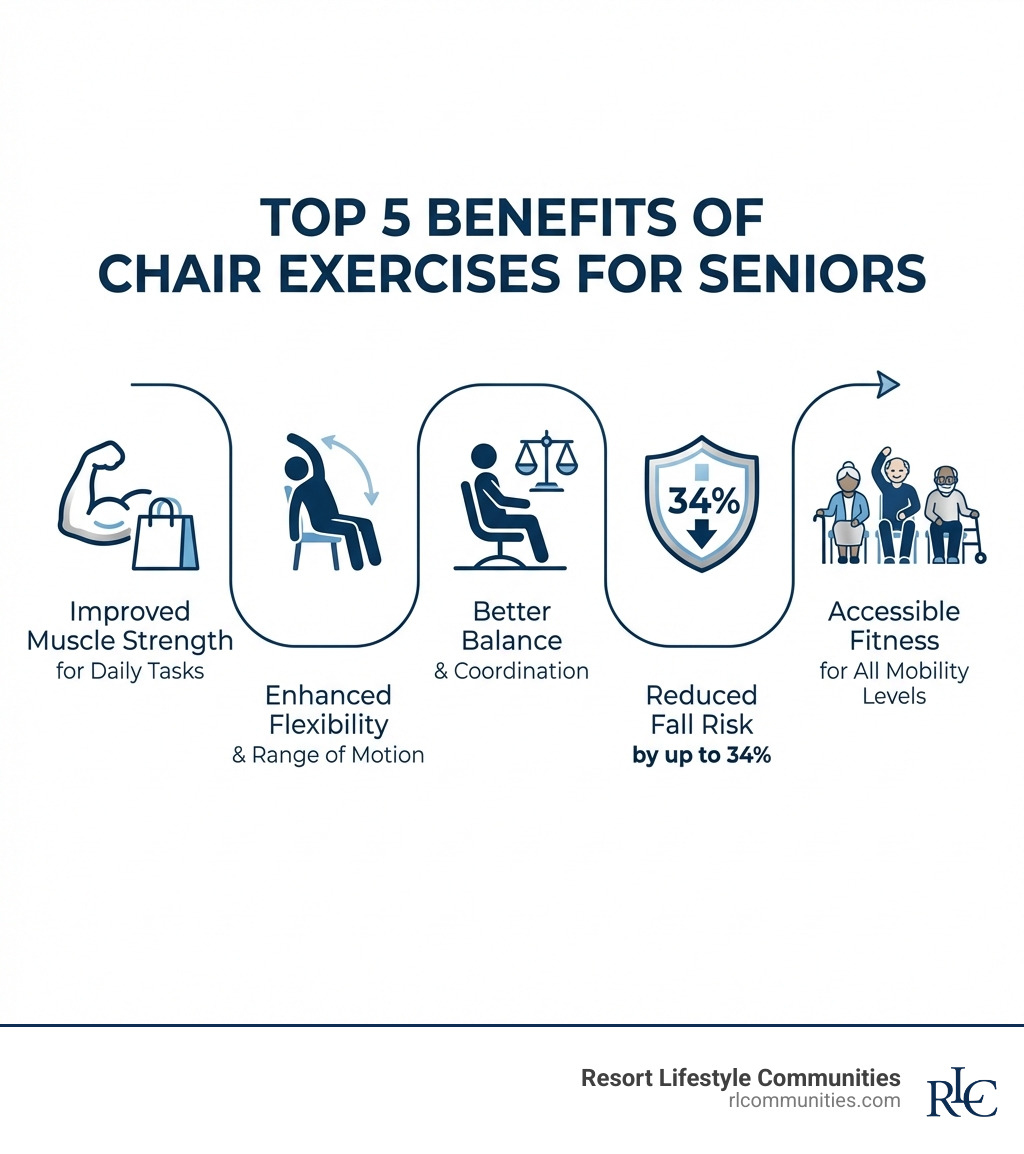 Infographic showing the top 5 benefits of chair exercises: improved muscle strength for daily tasks, enhanced flexibility and range of motion, better balance and coordination, reduced fall risk by up to 34%, and accessible fitness for all mobility levels - chair exercises seniors infographic 