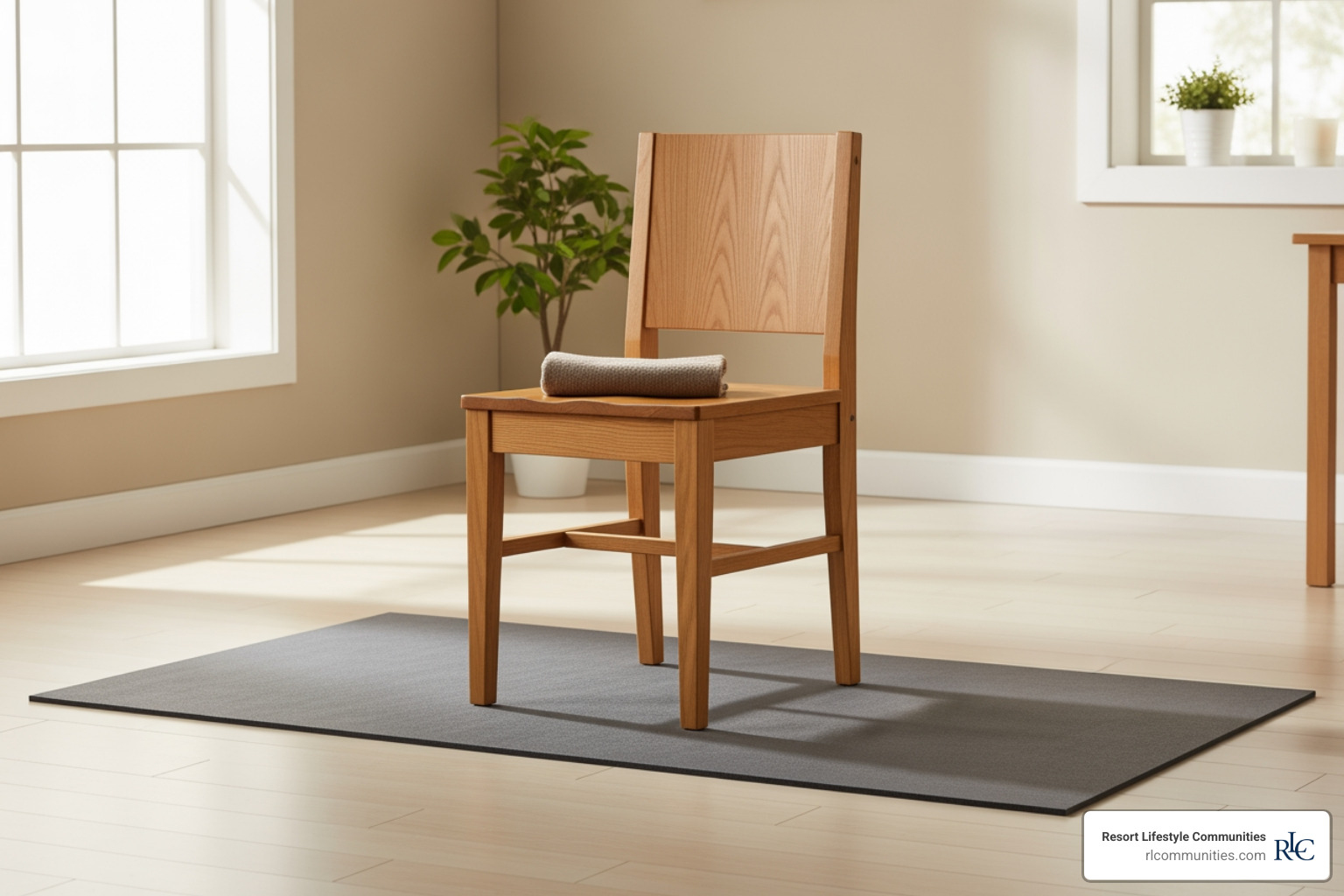 A sturdy, armless, four-legged chair on a non-slip surface, ready for exercise - chair exercises seniors