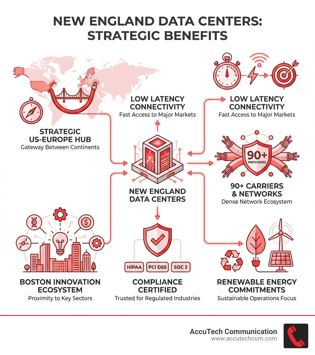 infographic showing benefits of New England data centers including strategic location between US and Europe low latency connectivity to major markets access to 90 plus carriers and network providers proximity to Boston innovation ecosystem compliance certifications for regulated industries and renewable energy commitments - Data Center Services New England infographic 