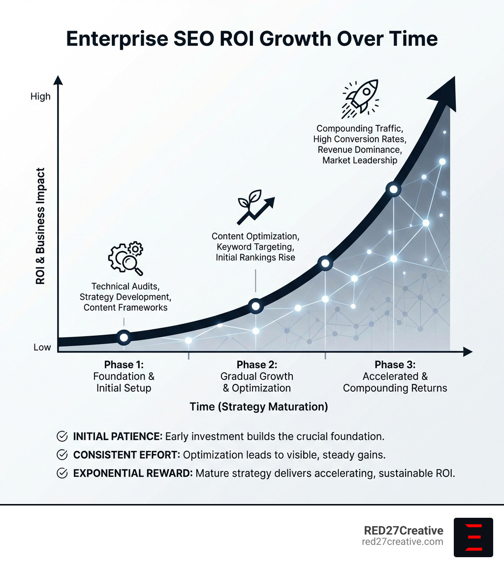 Graph illustrating enterprise SEO ROI growth over time, showing a gradual initial increase followed by accelerated, compounding returns as the strategy matures. - Enterprise SEO services infographic Graph illustrating enterprise SEO ROI growth over time, showing a gradual initial increase followed by accelerated, compounding returns as the strategy matures. - Enterprise SEO services infographic