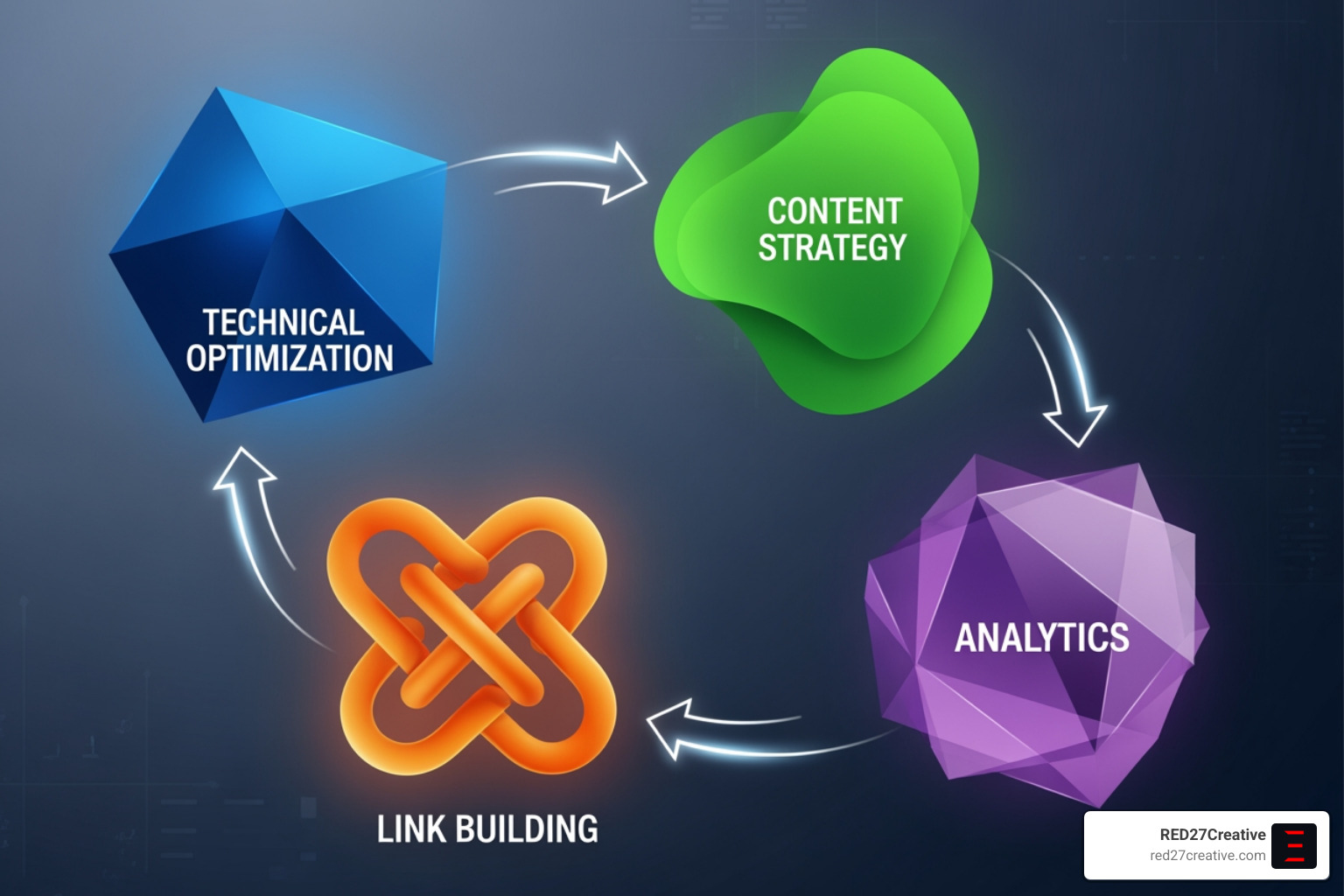 Flowchart of enterprise SEO strategy components: Technical SEO, Content Strategy, Link Building, and Analytics & Reporting. Arrows show interconnections and feedback loops. - Enterprise SEO services Flowchart of enterprise SEO strategy components: Technical SEO, Content Strategy, Link Building, and Analytics & Reporting. Arrows show interconnections and feedback loops. - Enterprise SEO services