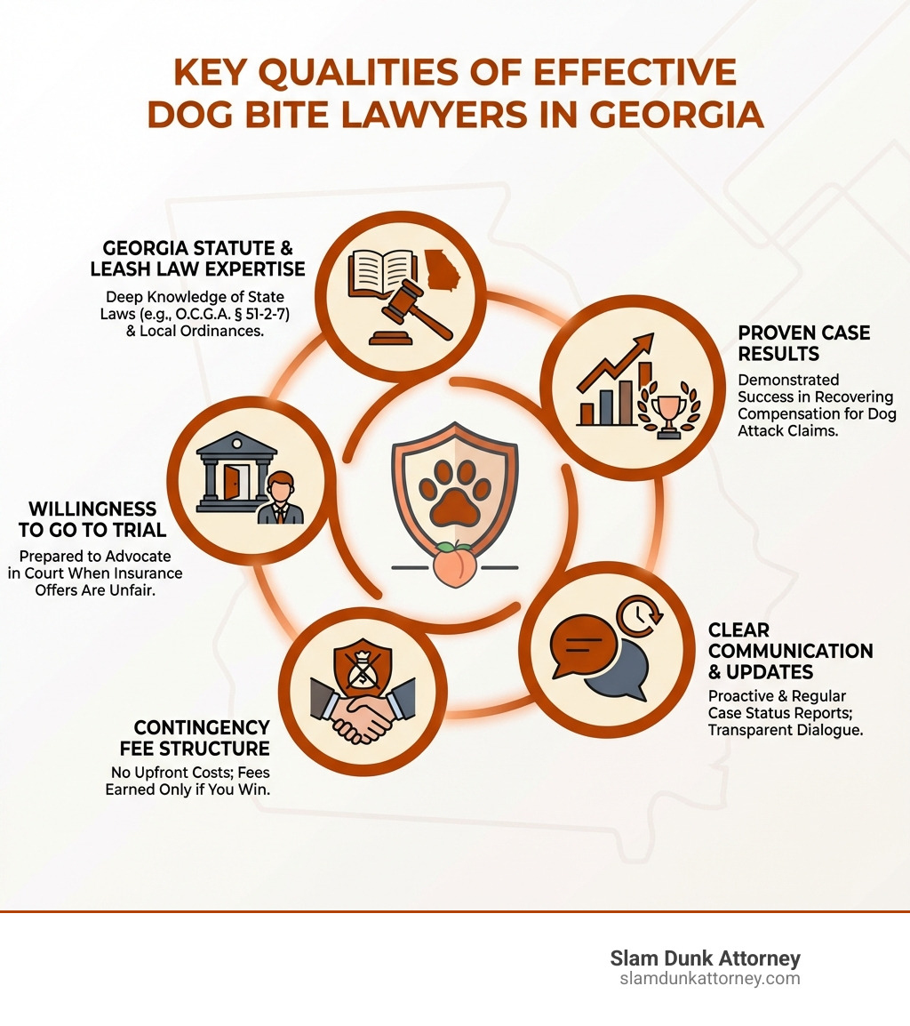 Infographic showing the key qualities of effective dog bite lawyers in Georgia: Experience with Georgia dog bite statutes and local leash laws, proven case results in dog attack claims, clear communication and regular case updates, contingency fee structure with no upfront costs, and willingness to take cases to trial when necessary - dog bite lawyers infographic Infographic showing the key qualities of effective dog bite lawyers in Georgia: Experience with Georgia dog bite statutes and local leash laws, proven case results in dog attack claims, clear communication and regular case updates, contingency fee structure with no upfront costs, and willingness to take cases to trial when necessary - dog bite lawyers infographic
