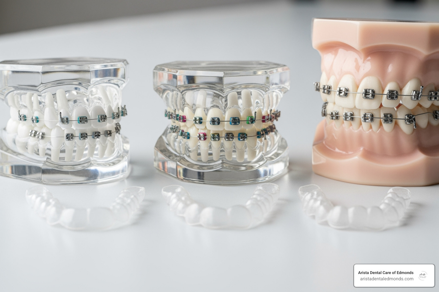 Models of teeth with braces and clear aligners, showcasing orthodontic treatment options for children and adults at Arista Dental Care in Edmonds, WA.