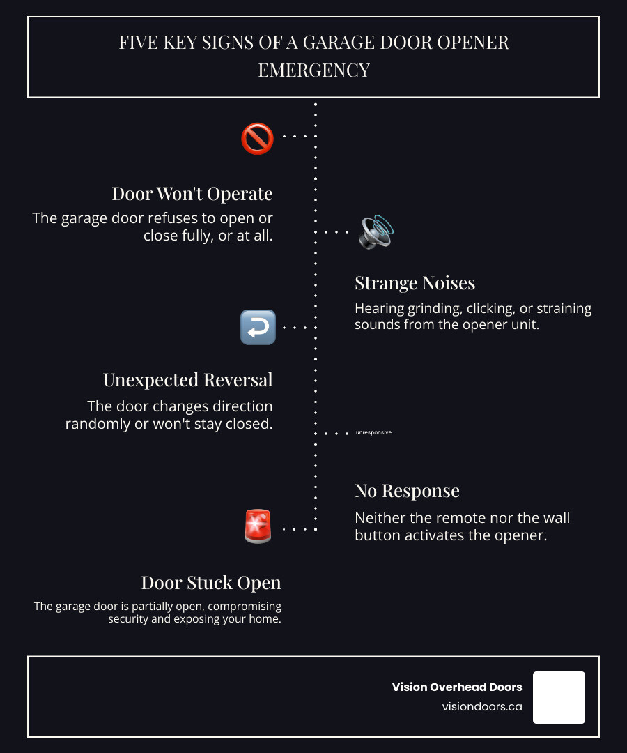 Infographic showing five key signs of a garage door opener emergency: door won't close or open, unusual grinding or clicking sounds, door reverses unexpectedly, remote and wall button both unresponsive, and door stuck partially open creating security risk - emergency garage door opener repair in kelowna, bc infographic infographic-line-5-steps-dark Infographic showing five key signs of a garage door opener emergency: door won't close or open, unusual grinding or clicking sounds, door reverses unexpectedly, remote and wall button both unresponsive, and door stuck partially open creating security risk - emergency garage door opener repair in kelowna, bc infographic infographic-line-5-steps-dark