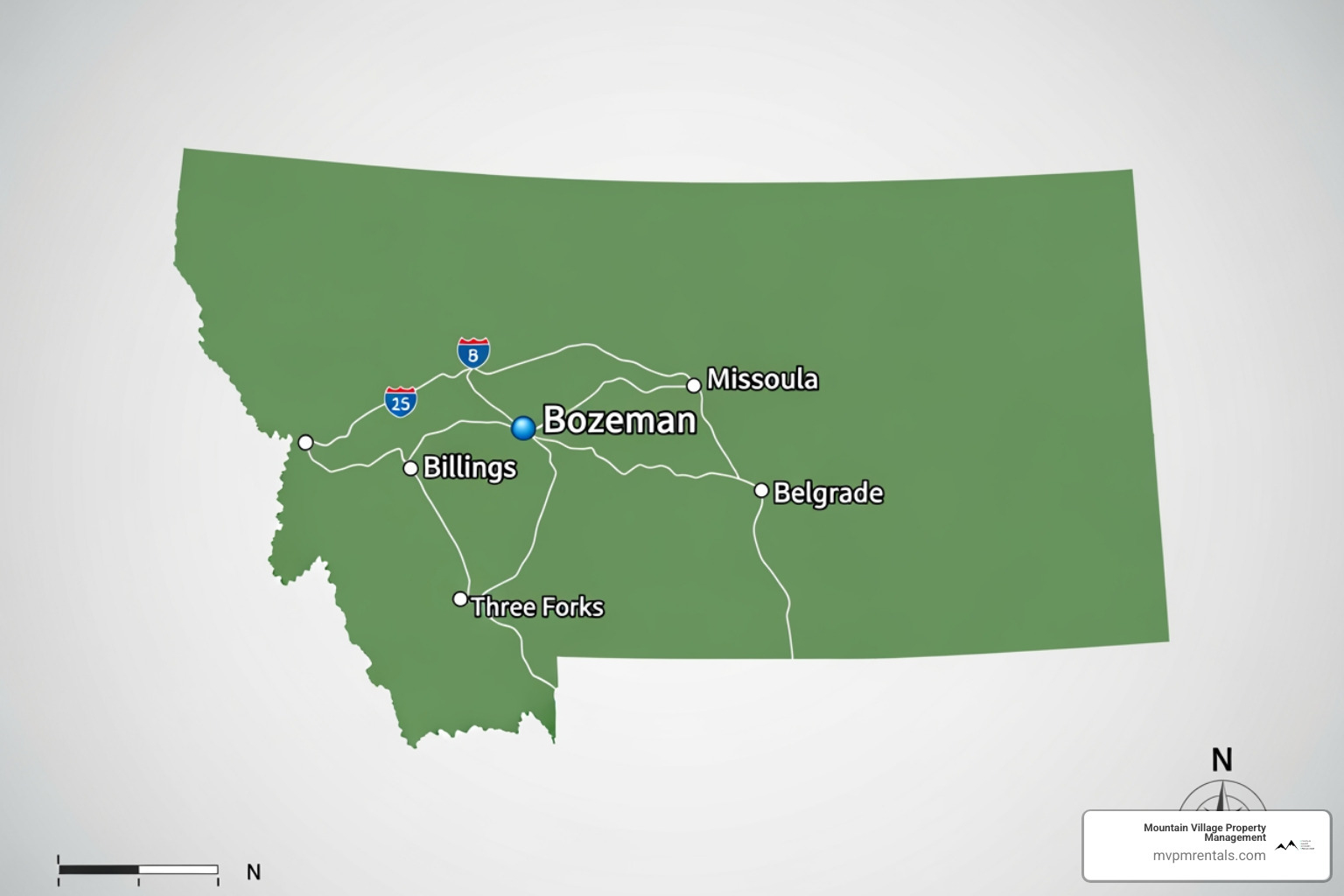 Map showing Bozeman in relation to other Montana cities - Bozeman rental market
