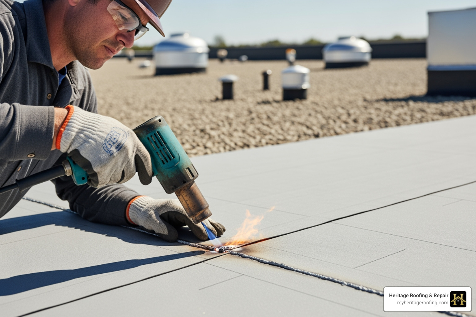 A contractor heat-welding a TPO roofing seam - commercial roof systems