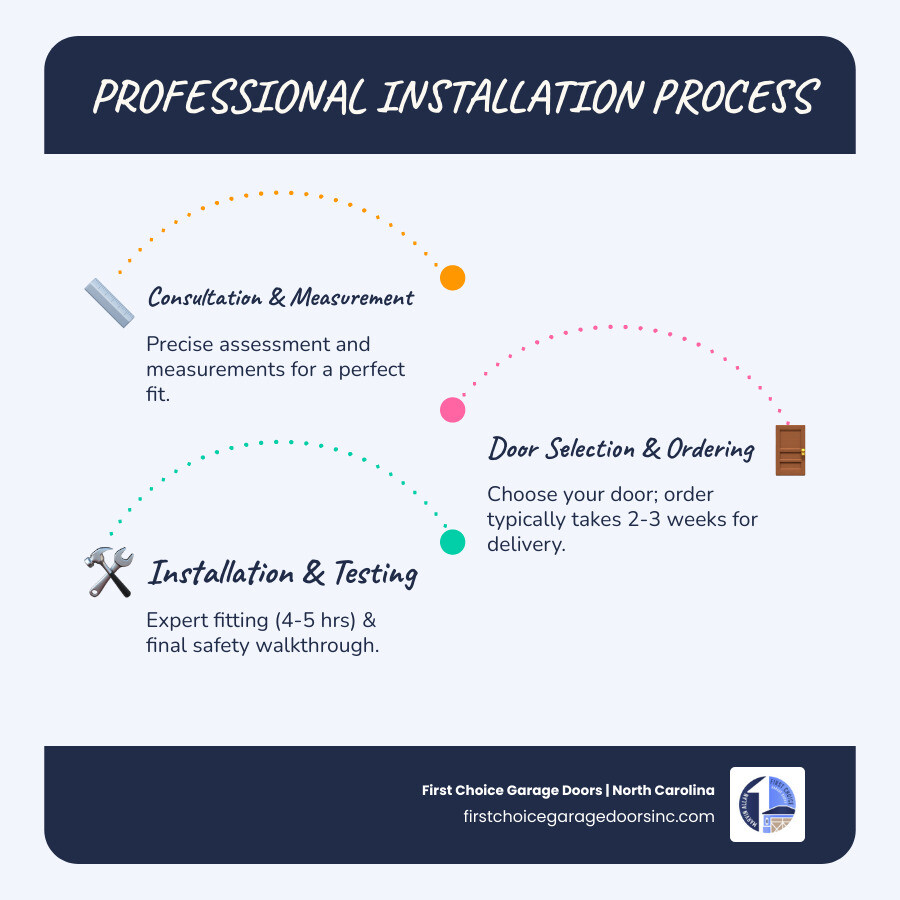 Infographic showing the professional garage door installation process: Initial Consultation and Measurement, Door Selection and Ordering (2-3 weeks delivery), Site Preparation (12-13 feet clearance needed), Professional Installation (4-5 hours average), Final Walkthrough and Testing, with benefits listed including 194% ROI, 15-30 year lifespan, enhanced security, improved energy efficiency, and industry-leading warranties - best garage door installation in easton, md infographic infographic-line-3-steps-blues-accent_colors Infographic showing the professional garage door installation process: Initial Consultation and Measurement, Door Selection and Ordering (2-3 weeks delivery), Site Preparation (12-13 feet clearance needed), Professional Installation (4-5 hours average), Final Walkthrough and Testing, with benefits listed including 194% ROI, 15-30 year lifespan, enhanced security, improved energy efficiency, and industry-leading warranties - best garage door installation in easton, md infographic infographic-line-3-steps-blues-accent_colors