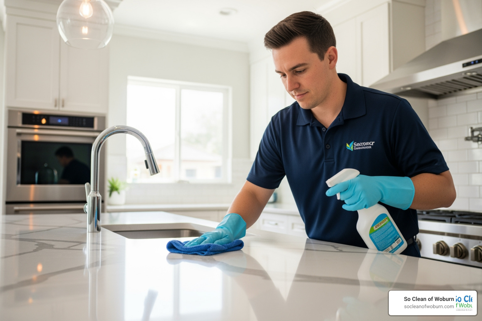 professional cleaner wiping a spotless kitchen countertop - apt cleaning boston