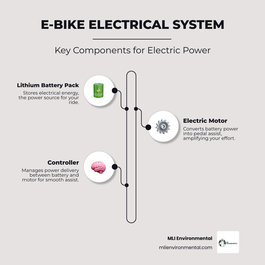 Infographic showing the main components of an e-bike electrical system: the lithium-ion battery pack (energy storage), the electric motor (provides pedal assist), the controller (manages power delivery between battery and motor), and the display unit (shows battery level, speed, and assist mode) - e-bike lithium battery infographic infographic-line-3-steps-elegant_beige Infographic showing the main components of an e-bike electrical system: the lithium-ion battery pack (energy storage), the electric motor (provides pedal assist), the controller (manages power delivery between battery and motor), and the display unit (shows battery level, speed, and assist mode) - e-bike lithium battery infographic infographic-line-3-steps-elegant_beige