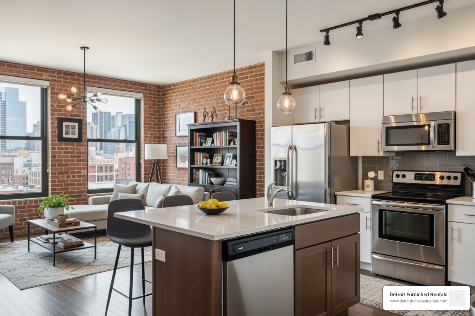 modern apartment interior with exposed brick, large windows, and stainless steel appliances - apartments for rent downtown detroit mi modern apartment interior with exposed brick, large windows, and stainless steel appliances - apartments for rent downtown detroit mi