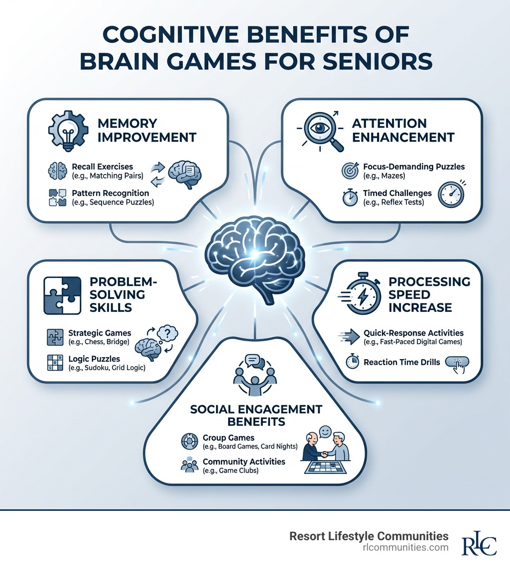 Infographic showing the cognitive benefits of brain games for seniors: Memory improvement through recall exercises and pattern recognition, Attention enhancement via focus-demanding puzzles and timed challenges, Problem-solving skills development from strategic games and logic puzzles, Processing speed increase through quick-response activities, and Social engagement benefits from group games and community activities - brain games for seniors infographic 