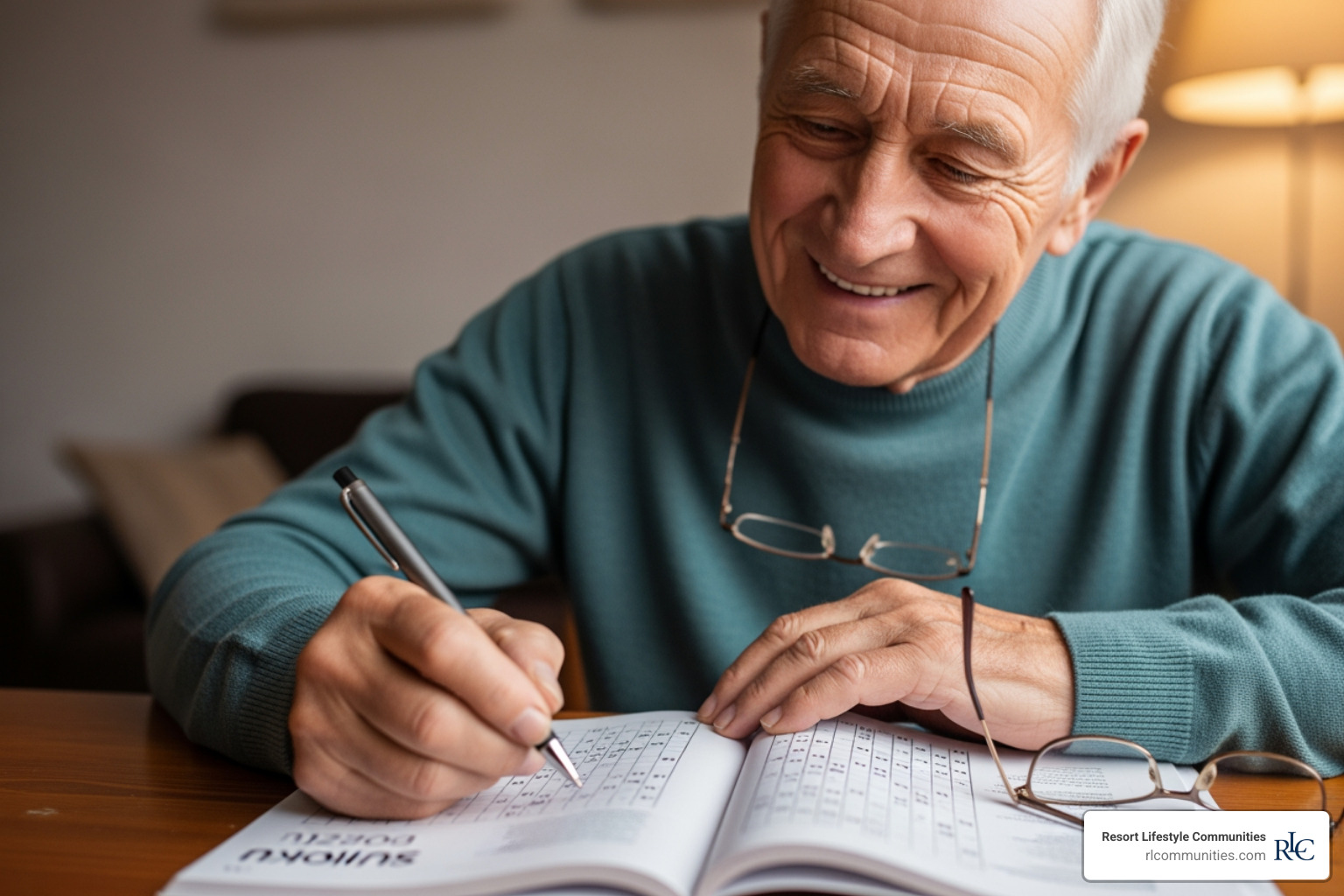 senior smiling while completing a Sudoku puzzle - brain games for seniors