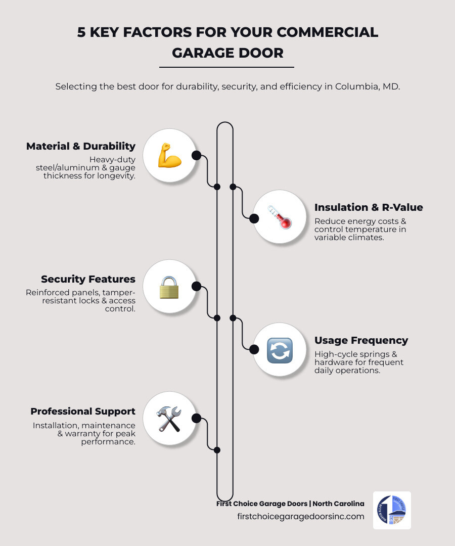 Infographic showing 5 key factors for choosing commercial garage doors: 1. Material durability and gauge thickness, 2. Insulation R-value for energy efficiency, 3. Security features including locks and access control, 4. Usage frequency and cycle rating, 5. Professional installation and maintenance support - best commercial garage doors in columbia, md infographic infographic-line-5-steps-elegant_beige Infographic showing 5 key factors for choosing commercial garage doors: 1. Material durability and gauge thickness, 2. Insulation R-value for energy efficiency, 3. Security features including locks and access control, 4. Usage frequency and cycle rating, 5. Professional installation and maintenance support - best commercial garage doors in columbia, md infographic infographic-line-5-steps-elegant_beige