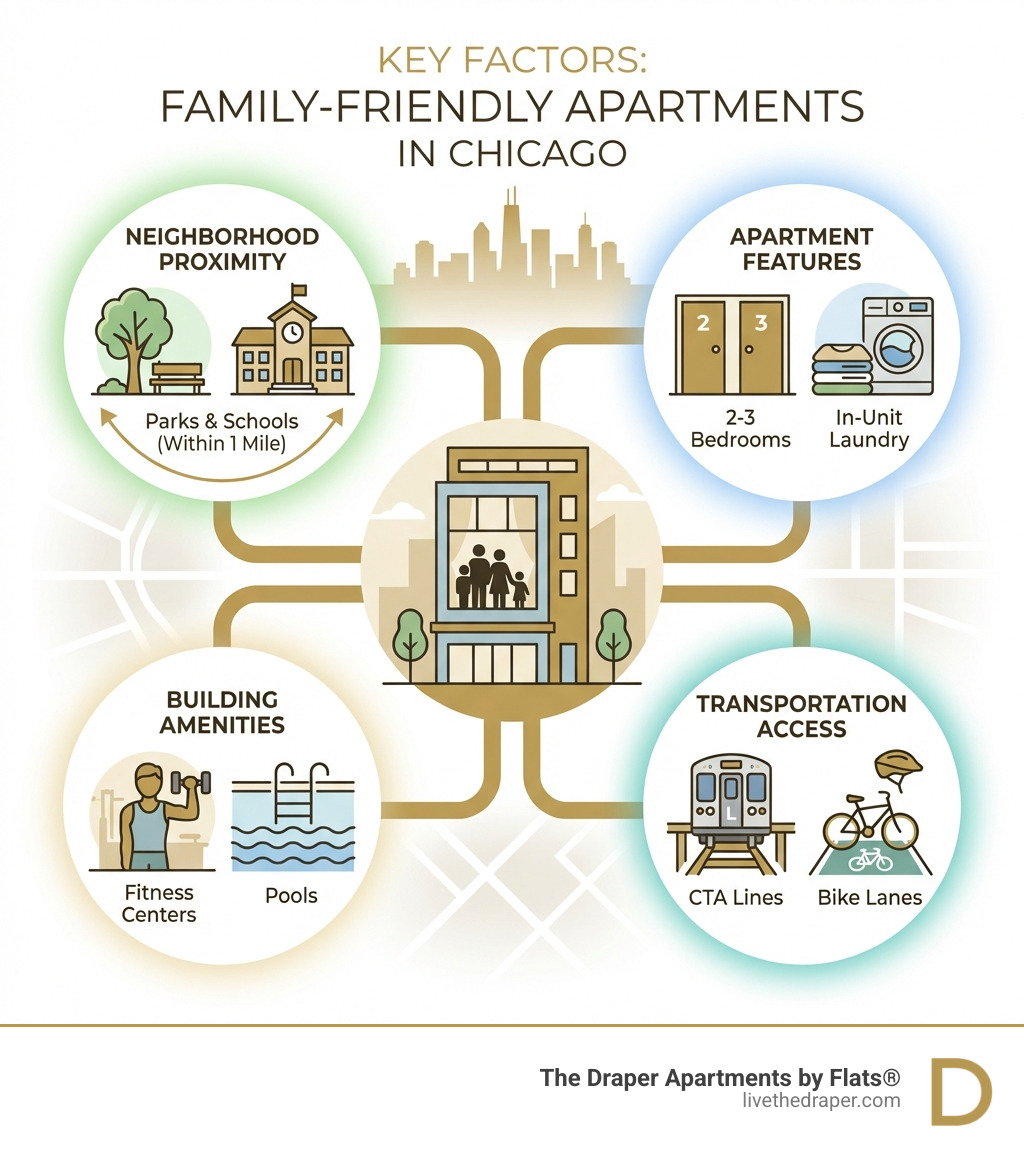 Infographic showing key factors for family-friendly apartments in Chicago: neighborhood proximity to parks and schools (within 1 mile), apartment features including 2-3 bedrooms and in-unit laundry, building amenities like fitness centers and pools, and transportation access to CTA lines and bike lanes - Family-friendly apartments Chicago infographic 