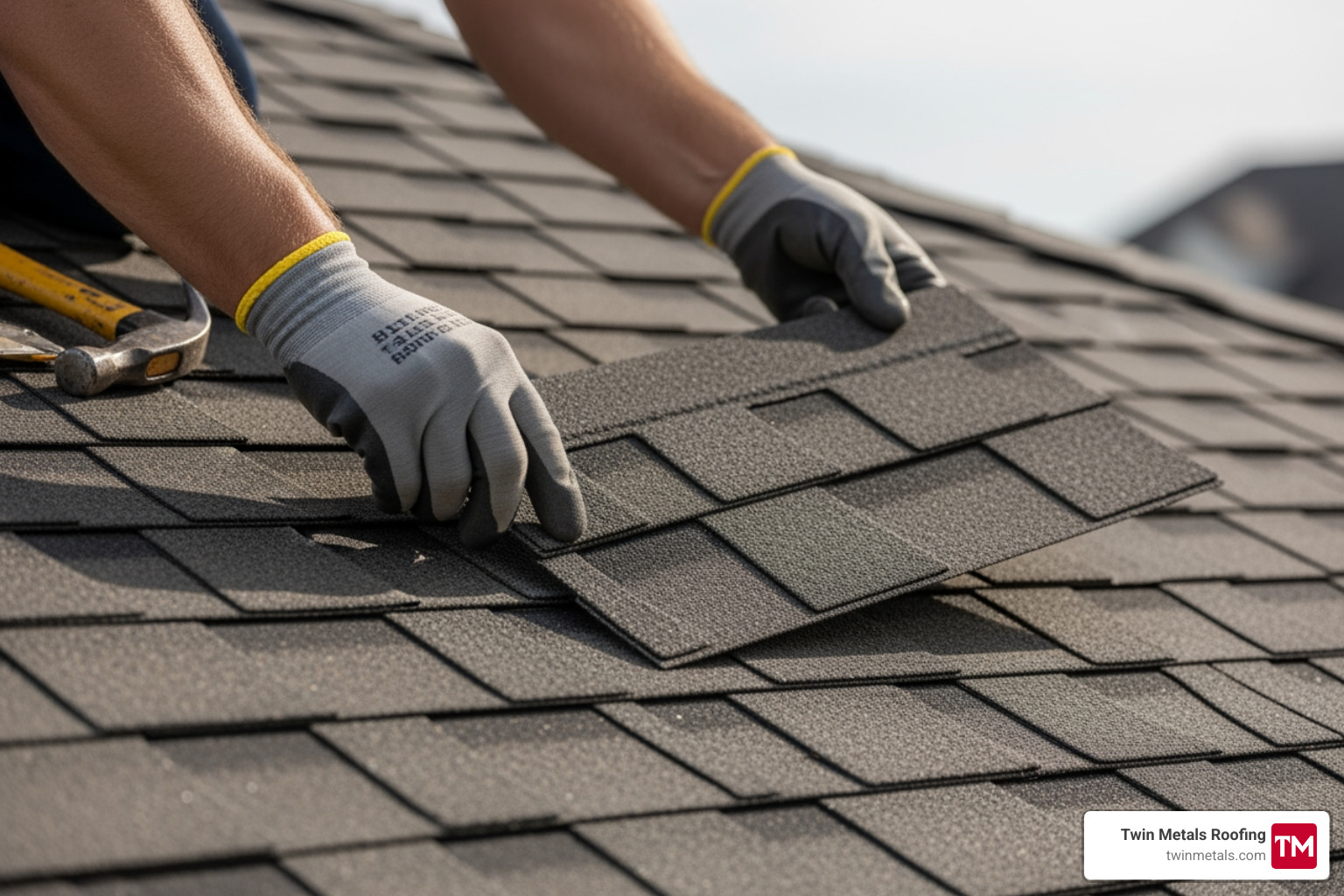 Roofing professional carefully installing architectural shingles on a residential roof - multi layered architectural shingles Roofing professional carefully installing architectural shingles on a residential roof - multi layered architectural shingles