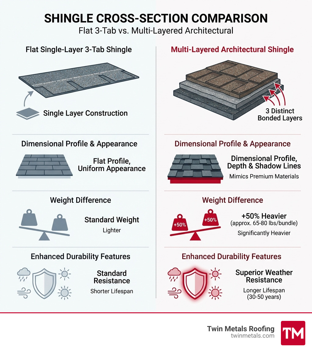 Infographic showing cross-section comparison of multi-layered architectural shingle with three distinct bonded layers versus flat single-layer 3-tab shingle, highlighting weight difference, dimensional profile, and enhanced durability features - multi layered architectural shingles infographic Infographic showing cross-section comparison of multi-layered architectural shingle with three distinct bonded layers versus flat single-layer 3-tab shingle, highlighting weight difference, dimensional profile, and enhanced durability features - multi layered architectural shingles infographic