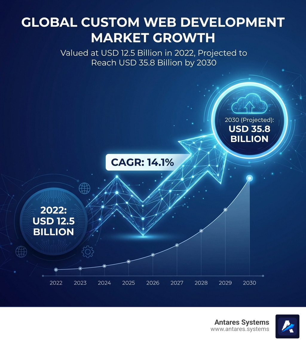 Infographic showing the global custom web development market size, valued at USD 12.5 billion in 2022 and projected to reach USD 35.8 billion by 2030, growing at a CAGR of 14.1% - custom website development infographic 