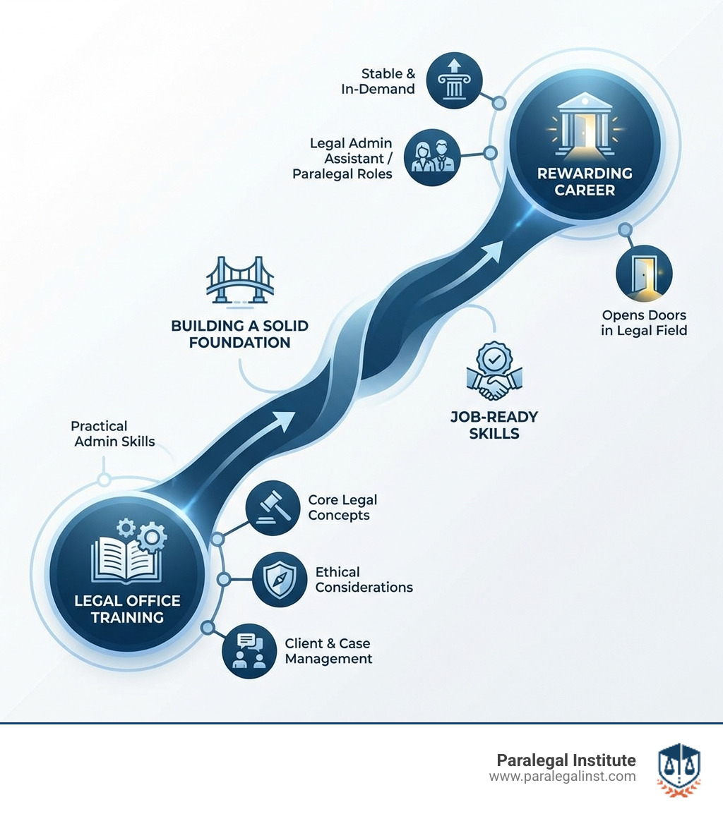Infographic showing the path from legal office training to a rewarding career, highlighting key steps and benefits - legal office training infographic 