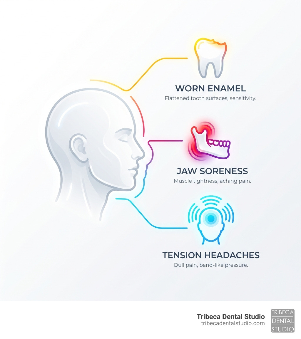 infographic explaining the common signs and symptoms of teeth grinding, such as worn enamel, jaw soreness, and tension headaches. - how to cure bruxism naturally infographic infographic explaining the common signs and symptoms of teeth grinding, such as worn enamel, jaw soreness, and tension headaches. - how to cure bruxism naturally infographic