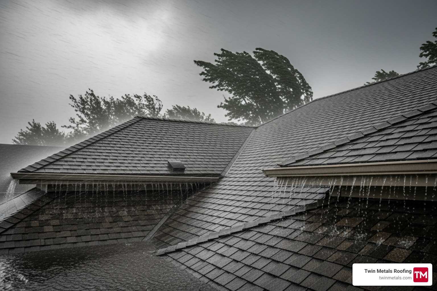 Architectural shingles on a home's roof during a rain and wind storm - multi layered architectural shingles Architectural shingles on a home's roof during a rain and wind storm - multi layered architectural shingles