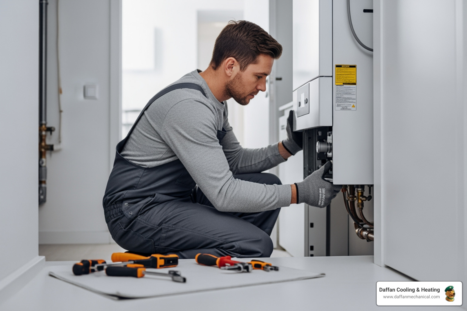Infographic showing the heater installation process: Step 1 - Identify heating problems and schedule assessment; Step 2 - Professional evaluation determines repair or replacement; Step 3 - Choose the right system size and efficiency rating; Step 4 - Schedule professional installation with licensed contractor; Step 5 - Technician completes safe installation and testing; Step 6 - Enjoy consistent warmth and comfort in your Acton home - heater repair installation in acton, tx HVAC technician repairing a heating system, surrounded by tools, emphasizing professional maintenance for optimal home comfort in Acton, TX.
