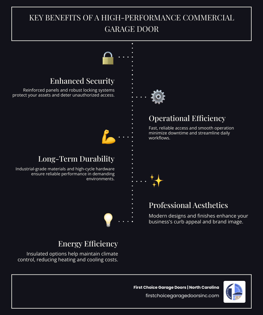 Infographic showing the key benefits of a high-performance commercial garage door: Enhanced Security with reinforced panels and locking systems; Operational Efficiency through fast, reliable access; Long-Term Durability with industrial-grade materials and high-cycle hardware; Professional Aesthetics that enhance curb appeal and brand image; Energy Efficiency with insulated options that reduce heating and cooling costs - commercial garage doors in columbia md infographic infographic-line-5-steps-dark