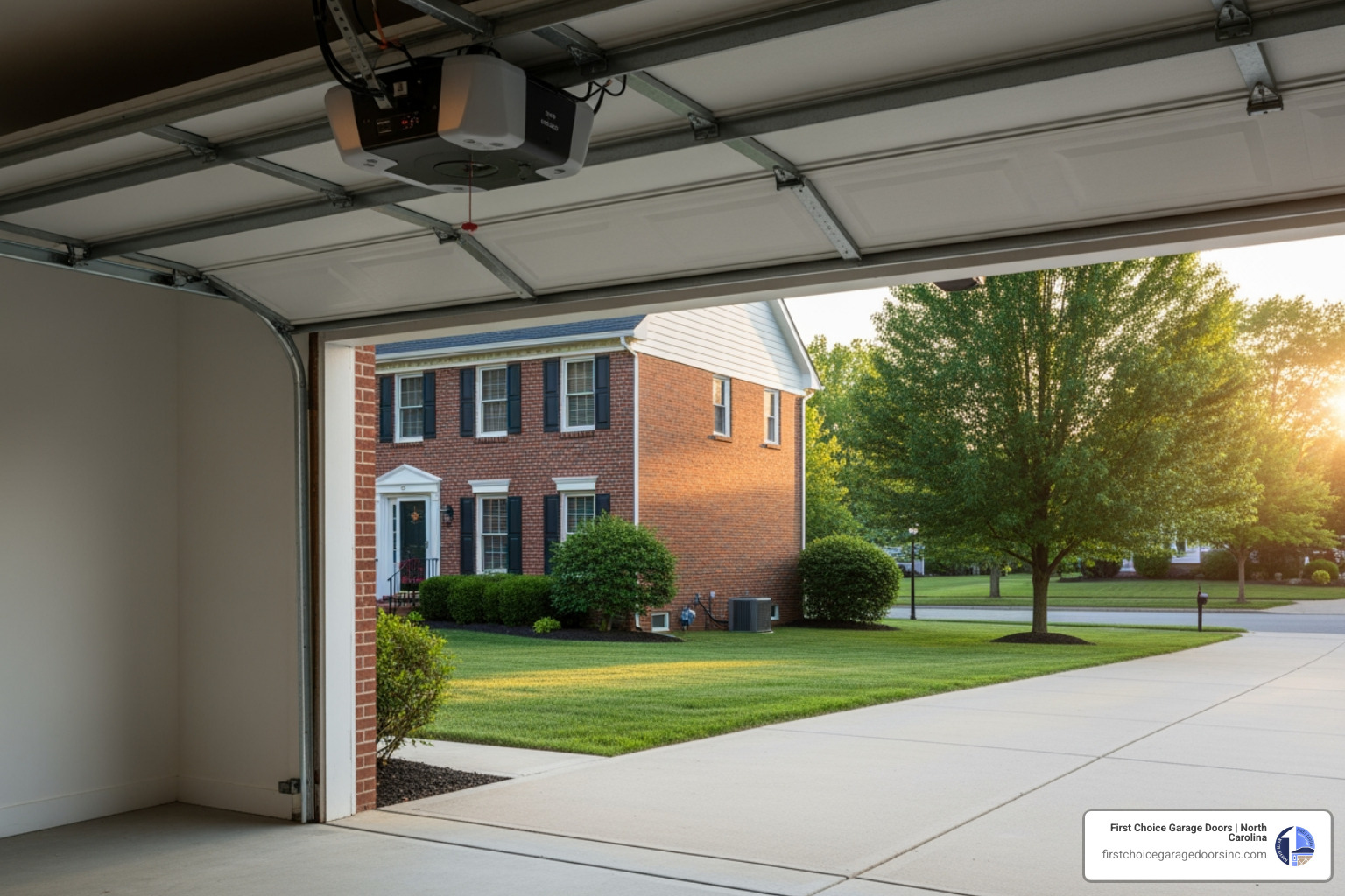 Infographic showing types of residential garage door openers: Belt Drive for quiet operation in attached garages, Chain Drive for durability and affordability, Wall-Mount for space-saving installation, plus key features like smart connectivity, battery backup, and safety sensors - residential garage door openers in easton, md