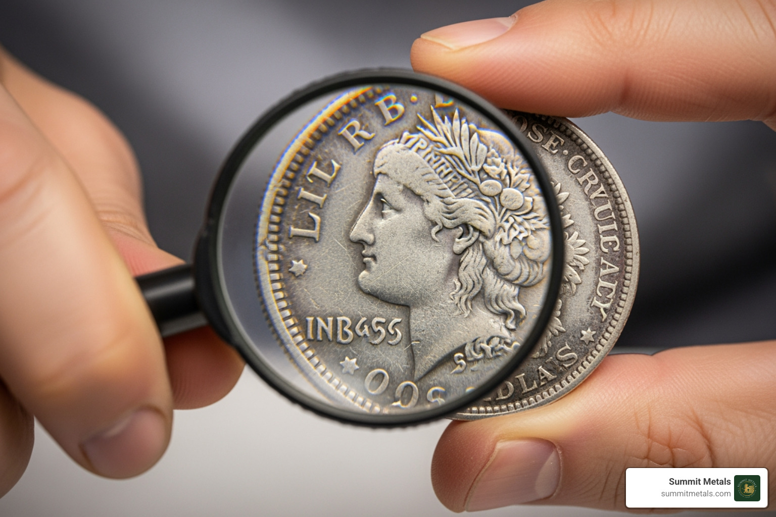 person examining a circulated silver coin with a magnifying glass - circulated silver coins