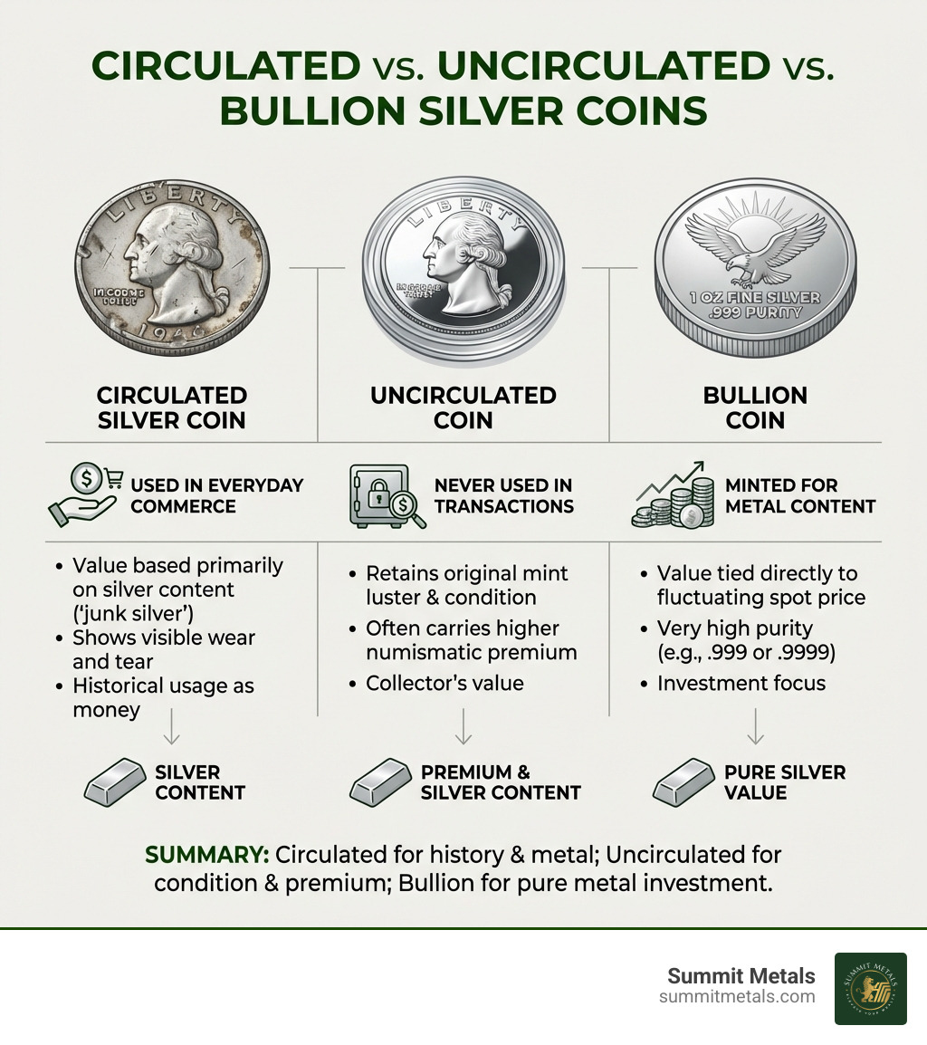 Infographic explaining the difference between circulated, uncirculated, and bullion silver coins - circulated silver coins infographic 