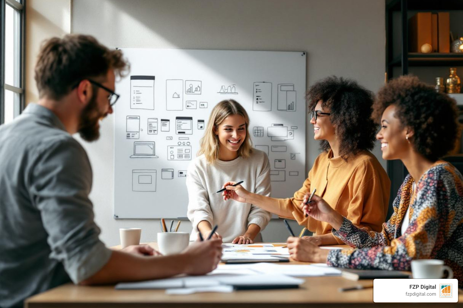 team collaborating around a whiteboard with website wireframes - Pennsylvania web design team collaborating around a whiteboard with website wireframes - Pennsylvania web design