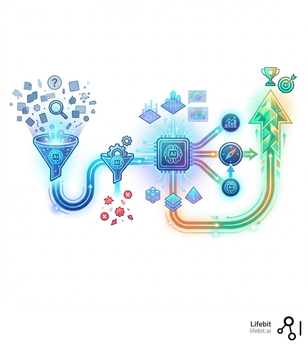 Infographic showing the journey from raw data to AI-powered insight, highlighting AI's role in data discovery, quality, analysis, and decision-making for faster, more accurate business outcomes - AI driven data infographic 