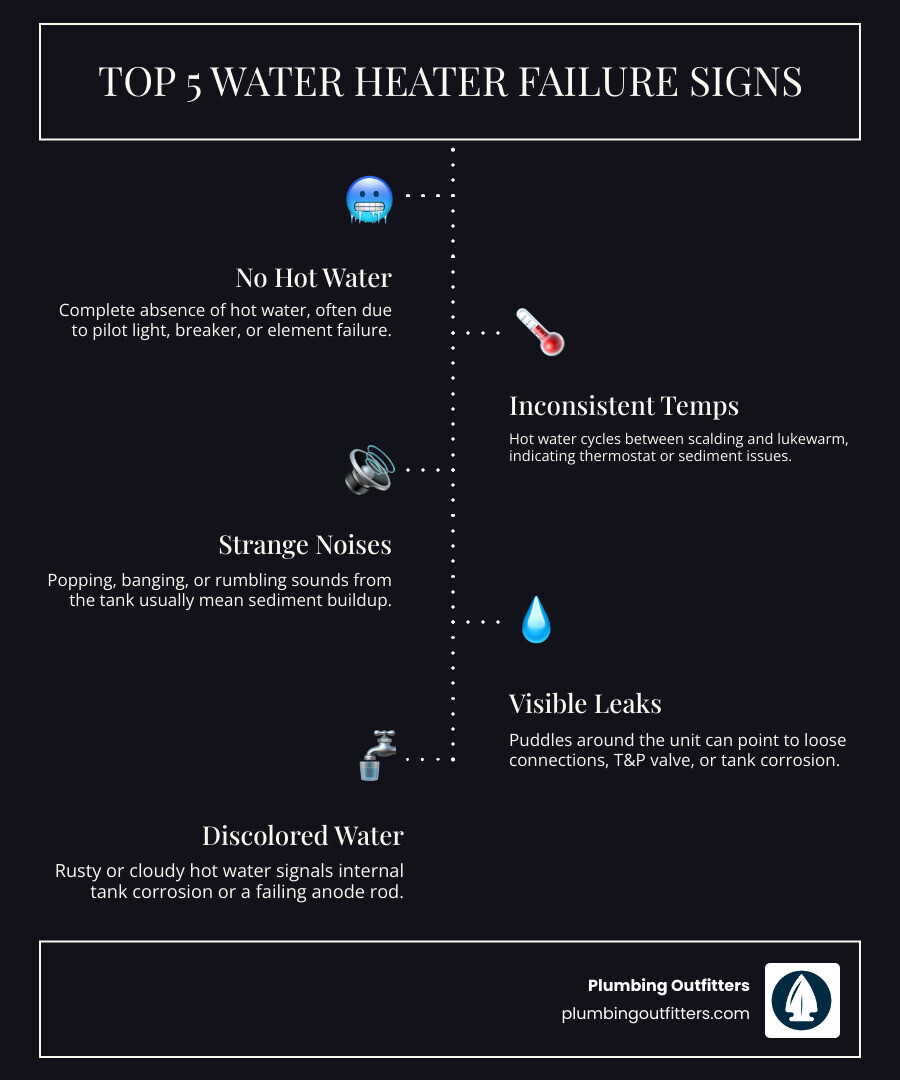 infographic showing the top 5 warning signs of water heater failure: no hot water, temperature fluctuations, unusual noises like popping or banging, visible leaks or moisture around the unit, and rusty or discolored hot water - water heater problem west lake hills tx infographic infographic-line-5-steps-dark infographic showing the top 5 warning signs of water heater failure: no hot water, temperature fluctuations, unusual noises like popping or banging, visible leaks or moisture around the unit, and rusty or discolored hot water - water heater problem west lake hills tx infographic infographic-line-5-steps-dark