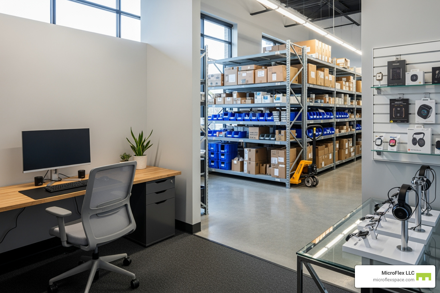 Image of a well-organized MicroFlex unit combining office, warehouse, and showroom elements. - business storage solutions Hoover