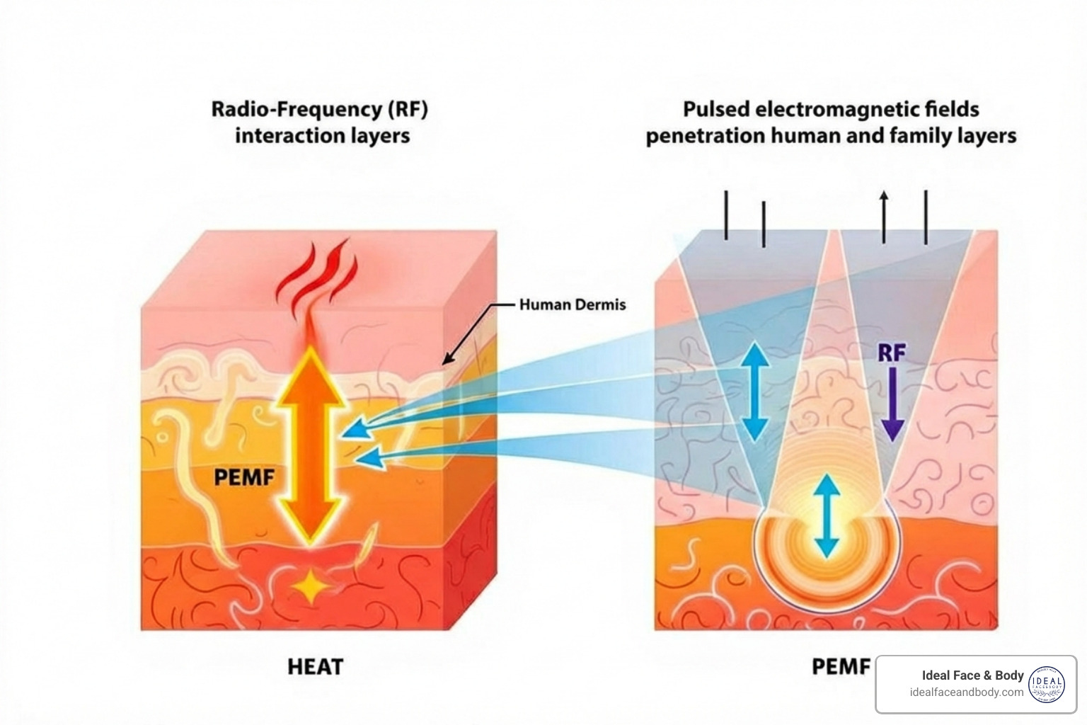 diagram showing RF and PEMF technology penetrating skin layers - venus body contouring diagram showing RF and PEMF technology penetrating skin layers - venus body contouring
