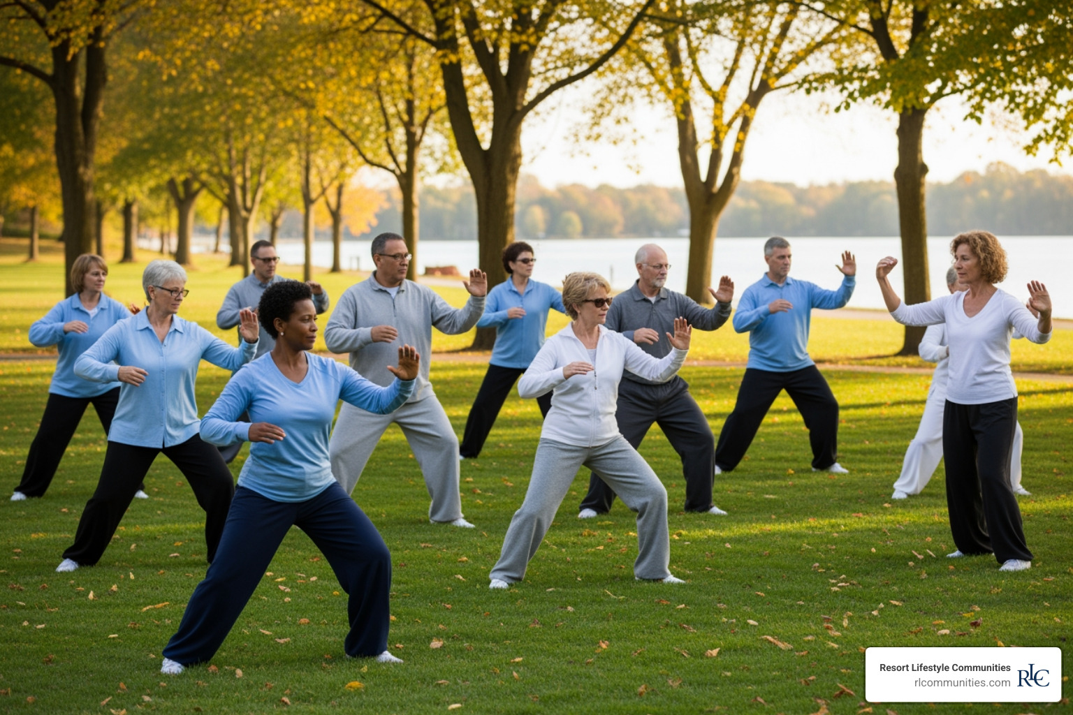 Group of seniors participating in a Tai Chi class - fall prevention seniors