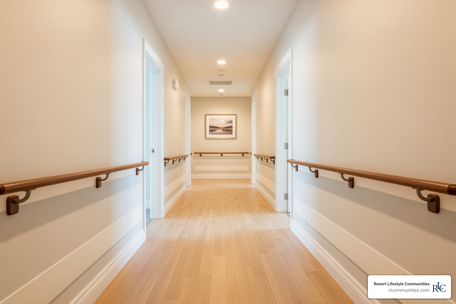 Well-lit, clutter-free hallway with sturdy handrails - fall prevention seniors