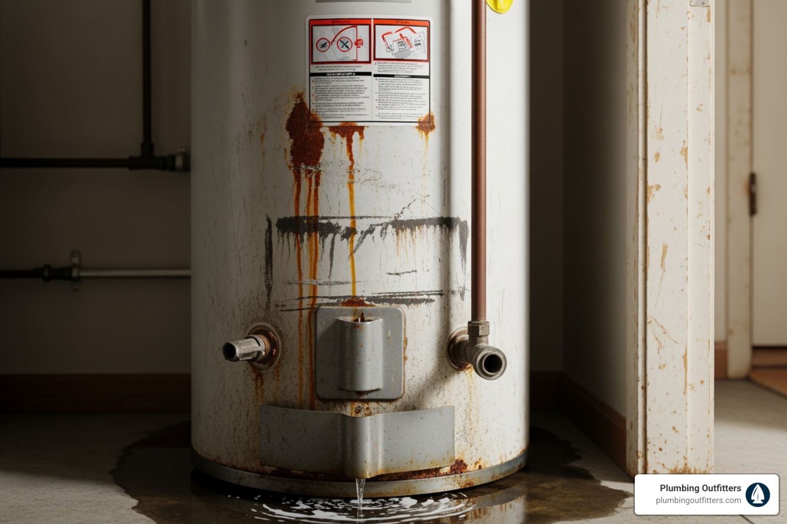 Infographic detailing common water heater problems and signs, such as no hot water, leaks, strange noises, discolored water, and unusual odors - water heater repair in leander, tx Rusty water heater with visible leaks and water pooling on the floor, indicating potential malfunction and need for repair services in Leander, TX.