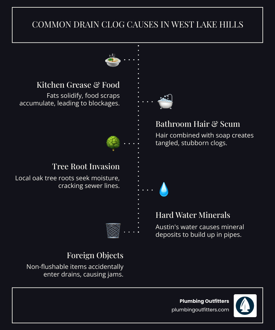 Infographic showing the most common causes of drain clogs in West Lake Hills homes, including grease and food waste in kitchen drains, hair and soap scum in bathroom drains, tree root intrusion in main sewer lines, mineral buildup from hard water, and foreign objects accidentally flushed or washed down drains - clogged drain repair in west lake hills, tx infographic infographic-line-5-steps-dark Common drain clog causes in West Lake Hills infographic highlighting kitchen grease, bathroom hair, tree root invasion, hard water minerals, and foreign objects affecting plumbing systems.