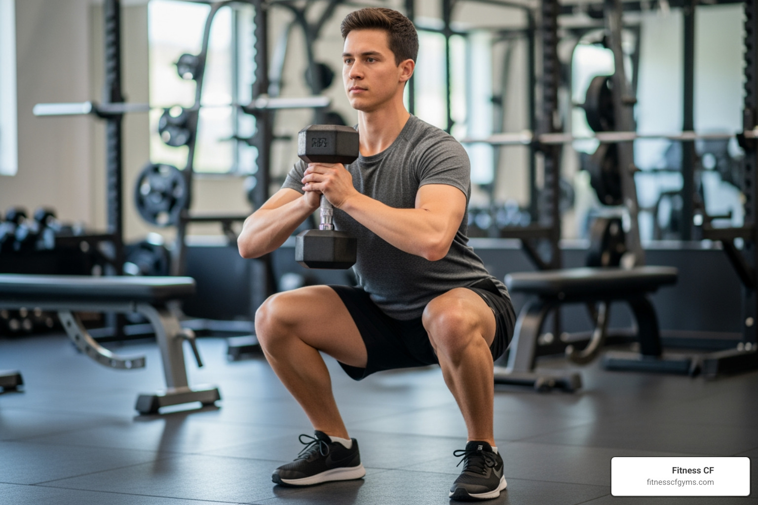 demonstrating proper form for a Dumbbell Goblet Squat - dumbell workouts
