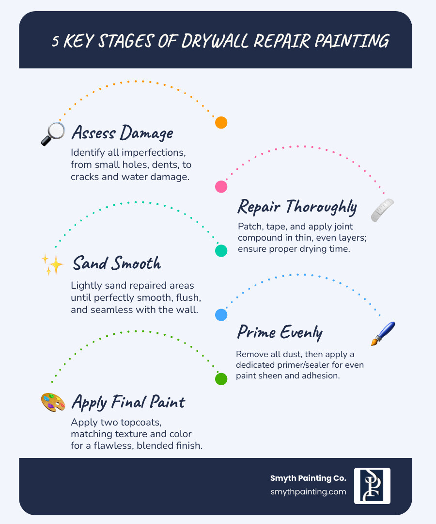 Infographic: The 5 Key Stages of Drywall Repair Painting – Assess, Repair, Sand, Prime, Paint - Drywall repair painting infographic infographic-line-5-steps-blues-accent_colors Infographic: The 5 Key Stages of Drywall Repair Painting – Assess, Repair, Sand, Prime, Paint - Drywall repair painting infographic infographic-line-5-steps-blues-accent_colors