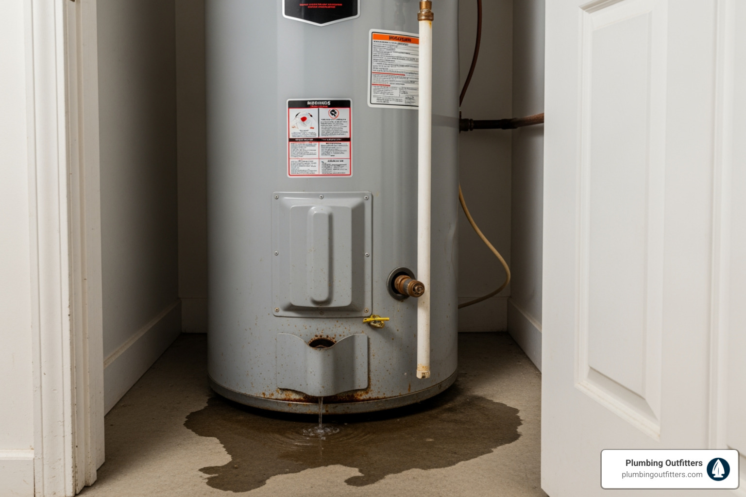 Infographic: Top 5 Signs of a Failing Water Heater - water heater problem pflugerville tx Water heater with visible rust and leaking water, indicating potential malfunction, in a residential setting, relevant to common water heater issues in Pflugerville, TX.