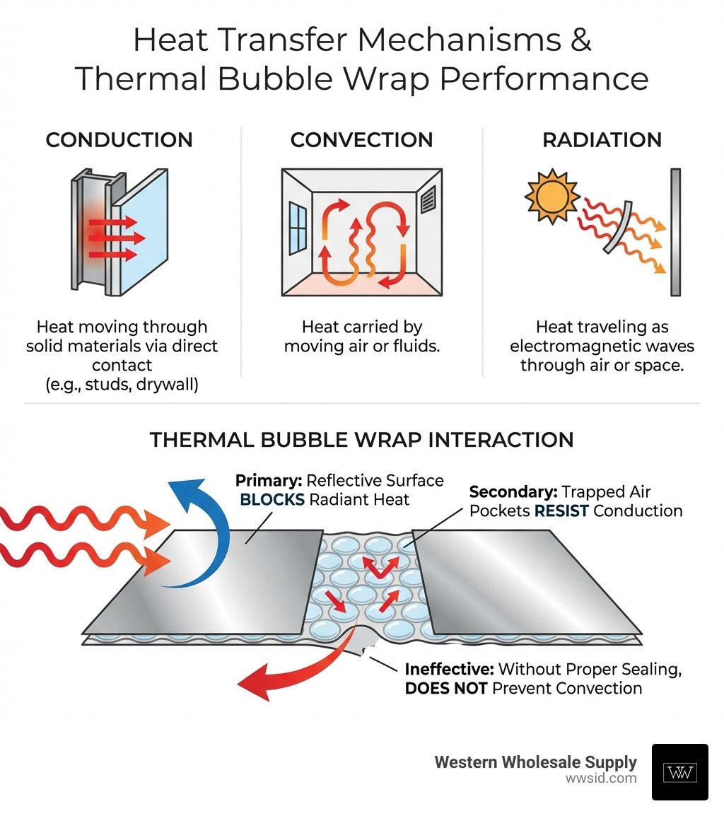 Infographic showing the three mechanisms of heat transfer: conduction (heat moving through solid materials like studs and drywall), convection (heat carried by moving air or fluids), and radiation (heat traveling as electromagnetic waves through air or space). Thermal bubble wrap addresses radiation primarily through its reflective surface and conduction secondarily through trapped air pockets, but does not effectively prevent convection without proper sealing. - heat resistant bubble wrap infographic Infographic showing the three mechanisms of heat transfer: conduction (heat moving through solid materials like studs and drywall), convection (heat carried by moving air or fluids), and radiation (heat traveling as electromagnetic waves through air or space). Thermal bubble wrap addresses radiation primarily through its reflective surface and conduction secondarily through trapped air pockets, but does not effectively prevent convection without proper sealing. - heat resistant bubble wrap infographic