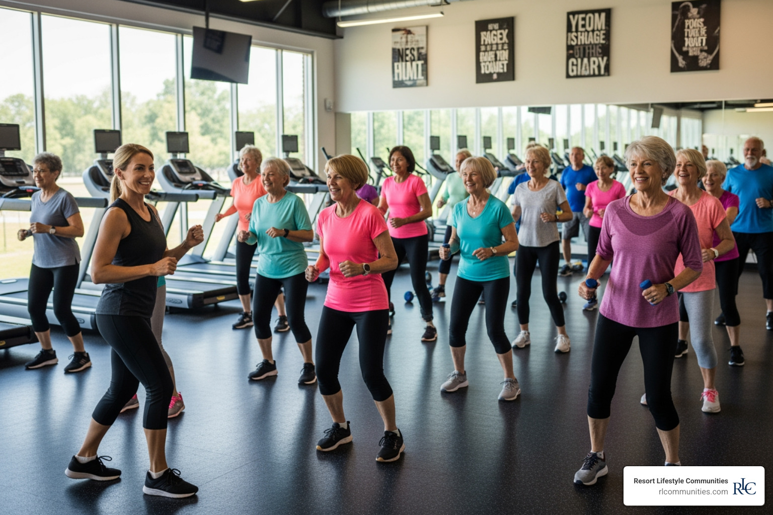 Seniors participating in a group fitness class - independent living care homes Seniors participating in a group fitness class - independent living care homes