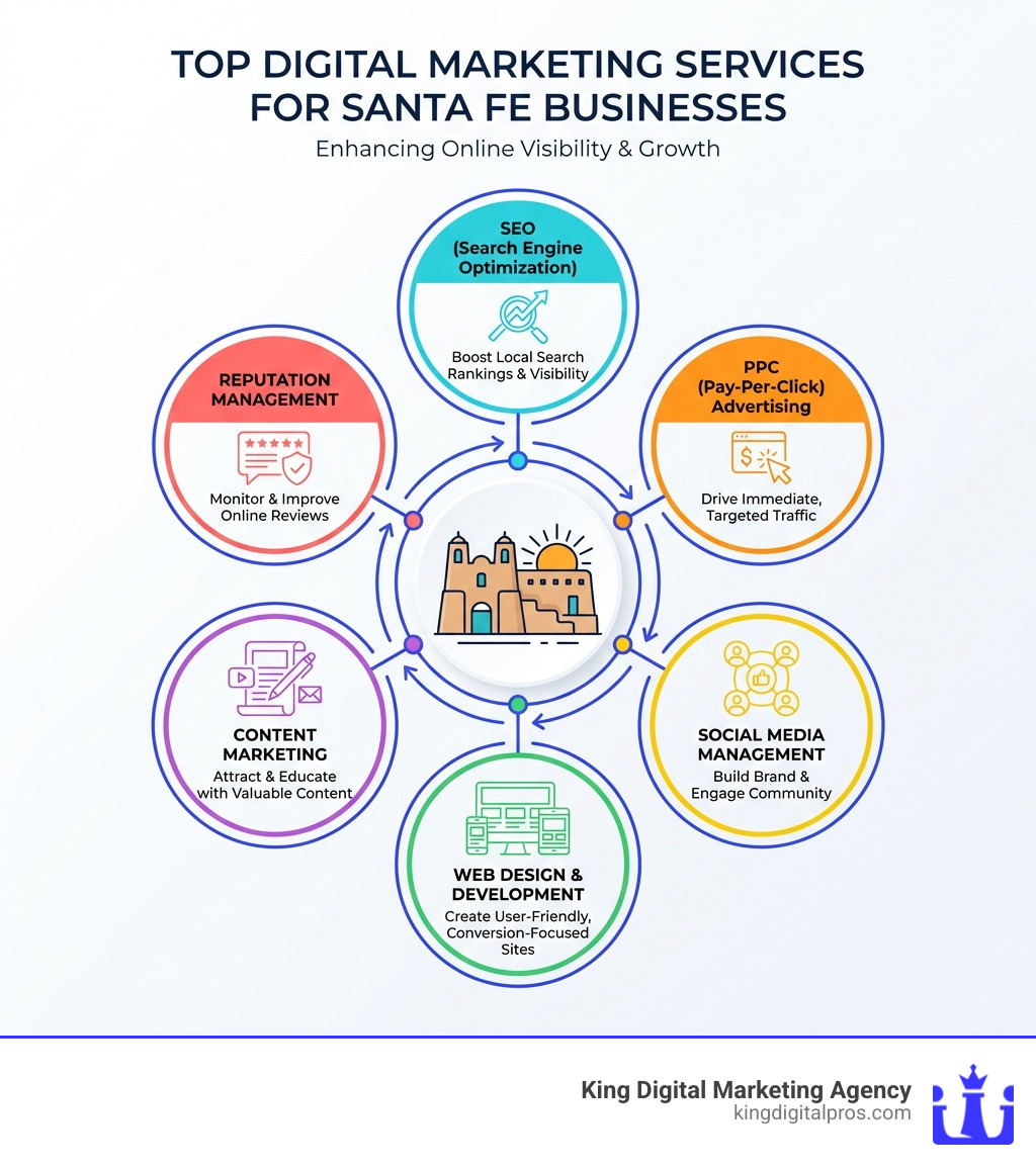 Infographic Detailing Top Digital Marketing Services For Santa Fe Businesses, Including Seo, Ppc, Social Media, Web Design, Content Marketing, And Reputation Management. - Marketing Digital Santa Fe Infographic 