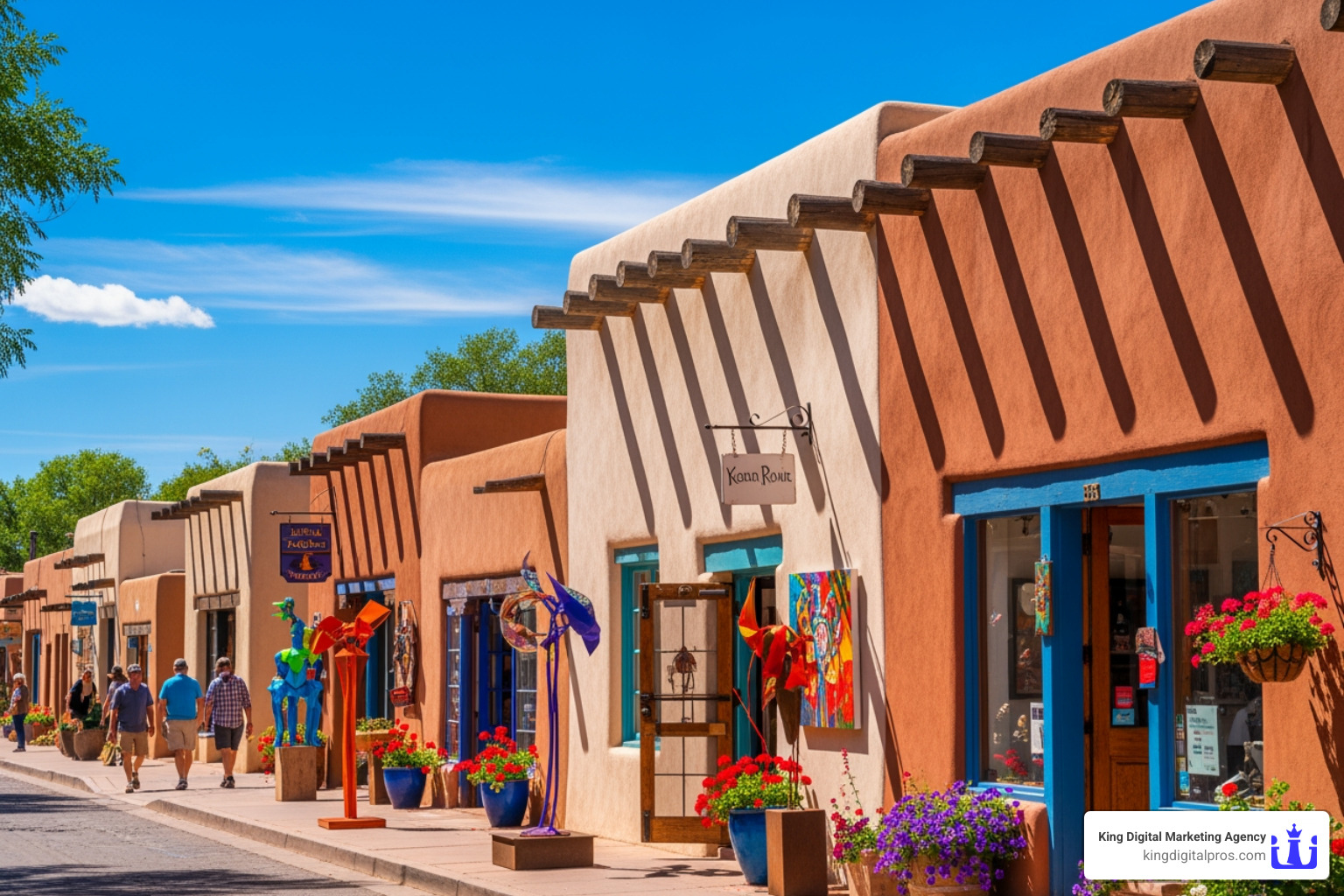 A Vibrant Image Of Canyon Road In Santa Fe, Showcasing Its Unique Art Galleries And Adobe Architecture. - Marketing Digital Santa Fe