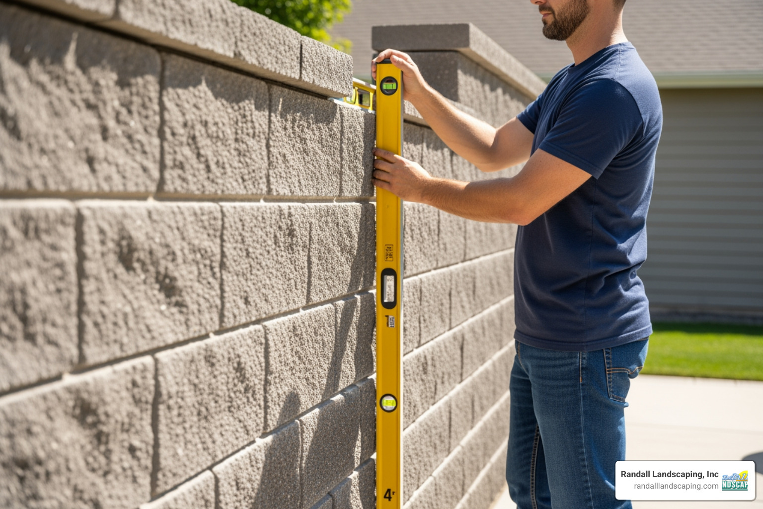 A person using a long level to check the vertical alignment of a block retaining wall, highlighting a slight lean. - repairing retaining wall
