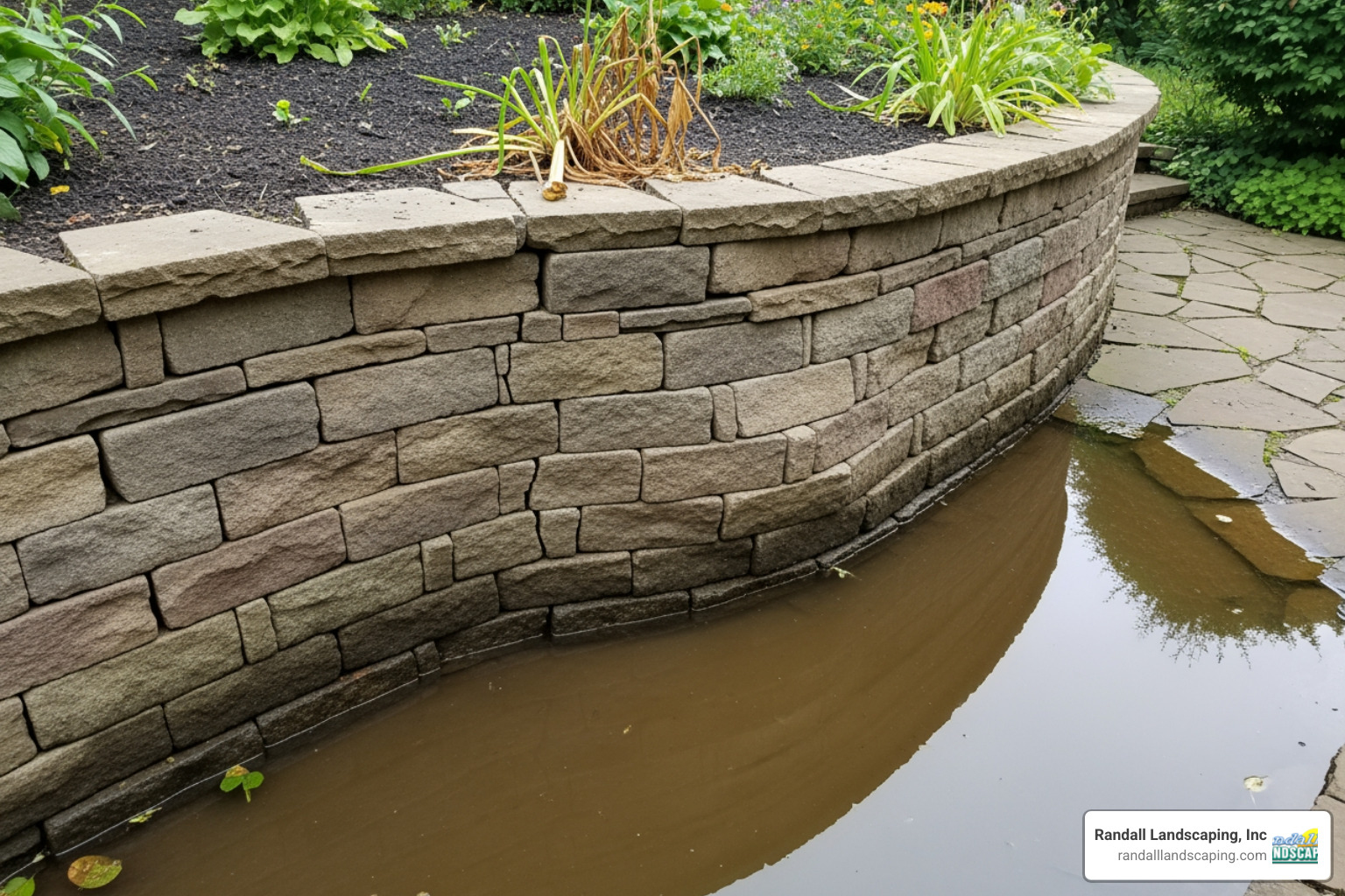 A retaining wall with visible signs of water pooling at its base, causing a noticeable bow in the structure. - repairing retaining wall