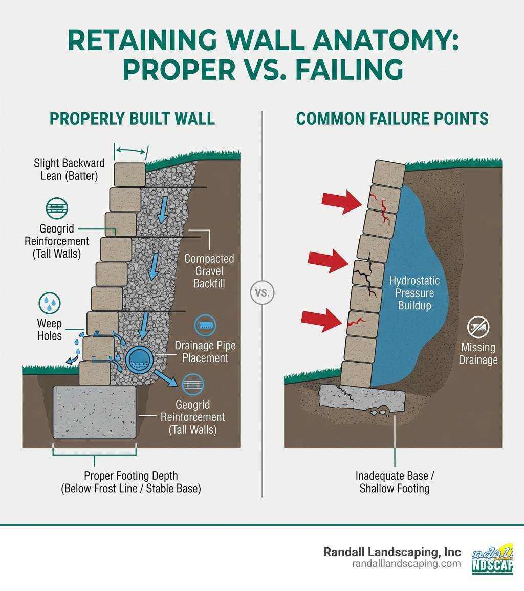 Infographic showing the anatomy of a properly built retaining wall with labeled components including proper footing depth, drainage pipe placement behind the wall, compacted gravel backfill, geogrid reinforcement for tall walls, slight backward lean or batter, and weep holes for water drainage, contrasted with common failure points like inadequate base, missing drainage, and hydrostatic pressure buildup - repairing retaining wall infographic 